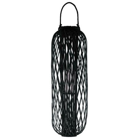 URBAN TRENDS COLLECTION 47.25 in. Bamboo Round Lantern w/Braided Rope Lip & Handle, Hurricane Candle Holder Coated, Black 16550